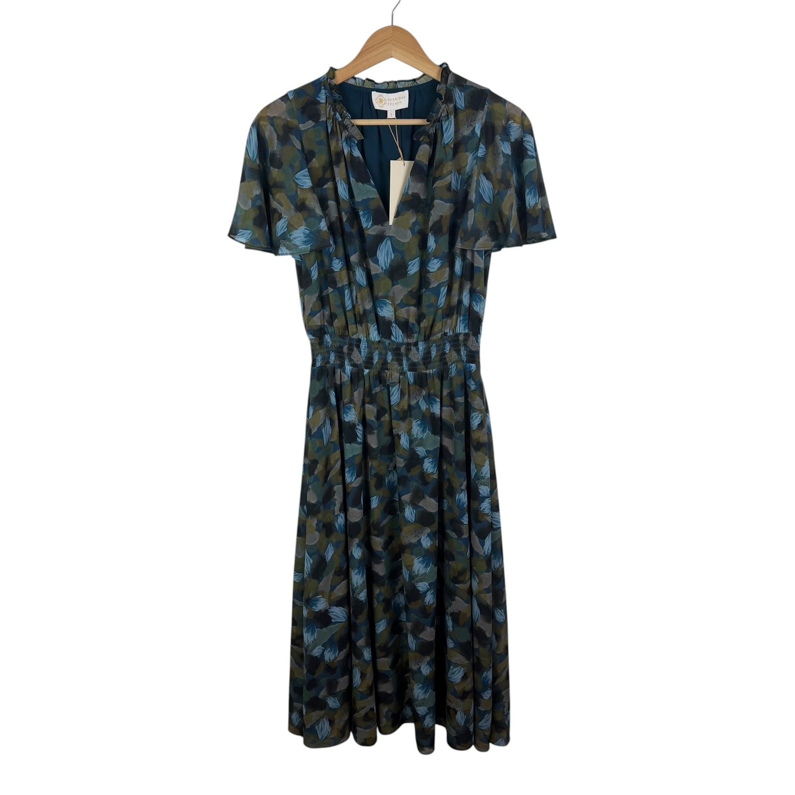Nwt Sheridan French Abstract Leaf Print Smocked Waist Midi Dress Small Flowy